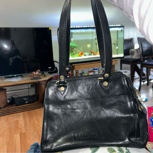 Valentina Black Leather Shoulder Bag with Gold Hardware